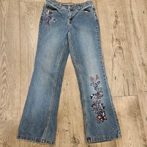 Vintage Faded Glory Blue Embroidered Straight Jeans Girl Size 16